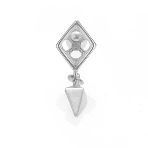 Detailed view of silver 316L stainless steel geometric stud with a pyramid pendant