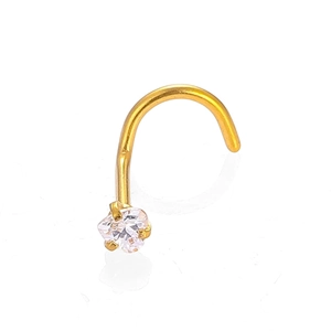 Macro view of a gold-plated nose screw featuring a sparkling heart-shaped zircon stone