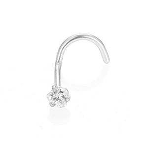 Macro detail of silver stainless steel nose stud with four-prong set cubic zirconia stone