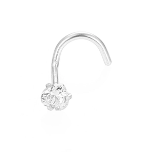 Macro shot of L-shaped stainless steel nose stud with a round clear zircon stone