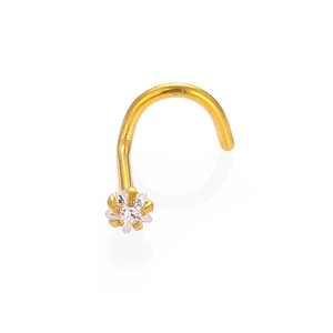Detailed view of a gold curved nose stud featuring a star-shaped cubic zirconia stone
