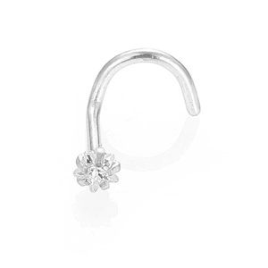 Close-up of silver stainless steel L-shaped nose stud with a floral zircon setting