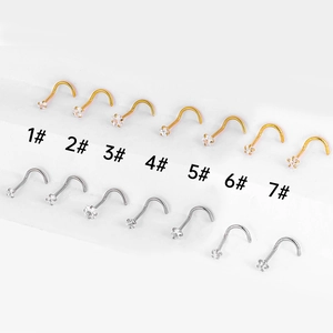 L-shaped and spiral nose studs with round clear zircon stones in gold and silver finish