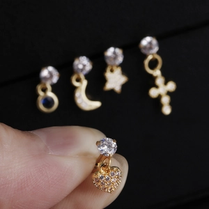 Spiral stainless steel stud earrings set with heart and star zircon charms in gold