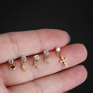 Five-piece set of gold-tone stainless steel screw earrings with zircon star moon and heart