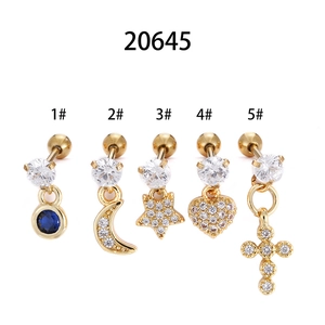 Set of 5 gold stainless steel stud earrings featuring zircon moon, star, and cross motifs