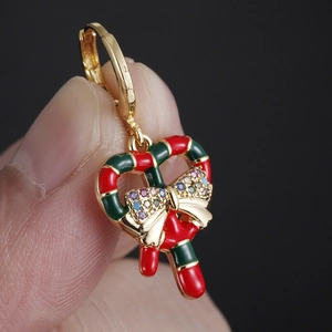Christmas gold S925 earrings with colorful zircon candy cane enamel pendants