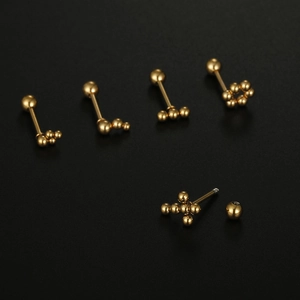 Golden stainless steel ball stud earrings with screw-back design in various ball cluster shapes