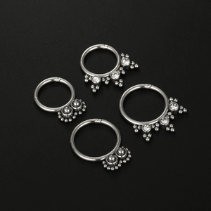 Set of 4 silver stainless steel nose rings with clear zircon and beaded accents