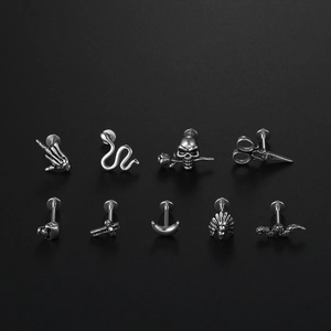9-piece set of 16G stainless steel stud earrings with moon snake and skull gothic designs