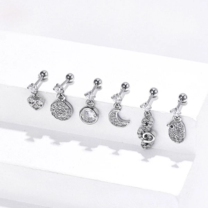 Set aus 6 silbernen Edelstahl-Knorpelohrringen mit Herz-, Mond- und Vogelsteckern