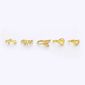 Five-piece gold U-shaped nose clips set featuring leaf, butterfly, and heart designs