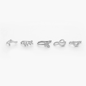 5-piece silver U-shaped nose ring set with zircon leaf butterfly heart and moon designs