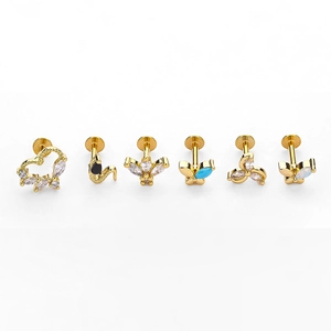 Set di sei piercing labret in acciaio 316L dorato con design a farfalla in zircone e opale