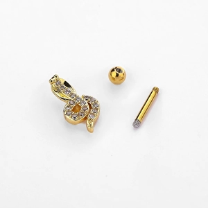 Golden snake cartilage earring with micro-pave zircons and secure screw back ball closure