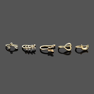 Set of five gold U-shaped non-piercing nose rings with leaf, butterfly, and heart designs