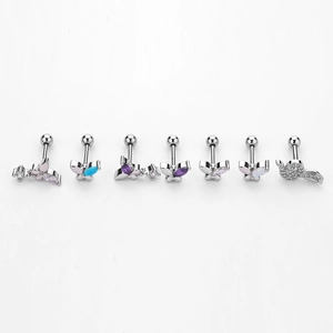 Set of 7 stainless steel ear studs with butterfly designs and colorful cubic zirconia