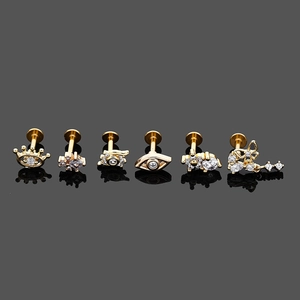 Set van 6 stuks 316L gouden labret studs met zirkoon kroon vlinder en boze oog