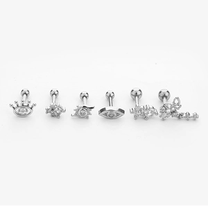 Lot de 6 piercings d'oreille en acier inoxydable avec zircons cubiques formes couronne et papillon