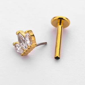 F136 titanium gold labret stud with marquise-cut zircon crystals and flat back