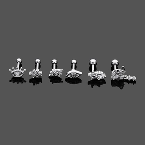 Lot de six piercings d'oreille en acier inoxydable avec motifs couronne et zircon