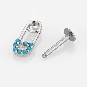 316L stainless steel safety pin lip ring with turquoise blue zircon stones and flat back