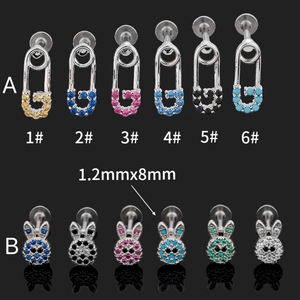 316L stainless steel pin and rabbit head studs with colorful cubic zirconia stones