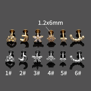 Set de piercings en acier 316L avec zircons coeur et lune, taille 1.2x6mm