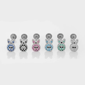 Set of six colorful bunny labrets with zirconia stones and flat back surgical steel pins