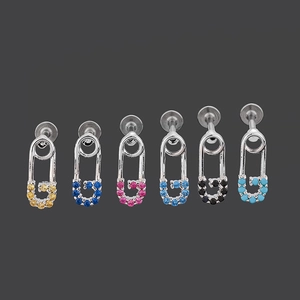Set of 6 stainless steel safety pin earrings with multi-colored cubic zirconia stones