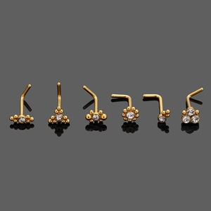 Set of 6 gold stainless steel L-shaped nose studs with zirconia flower and bead designs