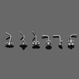 Set of 6 silver L-shaped stainless steel nose studs with sparkling cubic zirconia stones