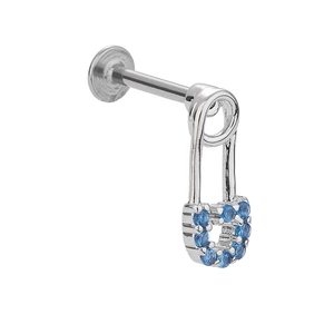 Detail view of heart-shaped safety pin labret stud with blue zircon in stainless steel