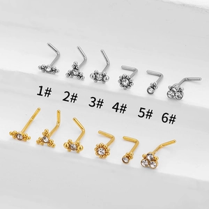 316L Stainless Steel Zircon L-Shaped Nose Stud For Women Men Mini Flower Round Bead Body Piercing Jewelry Gold Silver 0.8mm 7mm