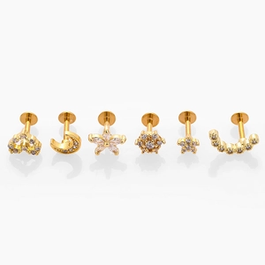Lot de six studs labret en acier 316L doré avec motifs cœur et lune en oxyde de zirconium