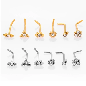 L-shaped surgical steel nose studs with assorted sparkling zircon crystal settings