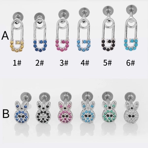 316L stainless steel pin and rabbit head studs with vibrant multi-color zircon stones