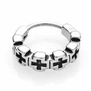 Vintage stainless steel huggie hoop earring with engraved black gothic cross patterns
