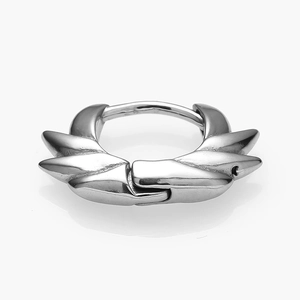 Detail of hip hop titanium steel earring with silver spiked gothic punk wing design