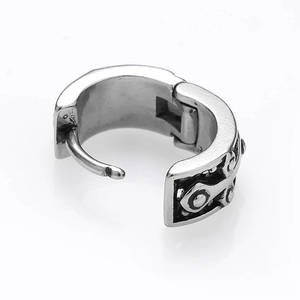 Vintage black enamel stainless steel hoop earring with leaf and geometric patterns