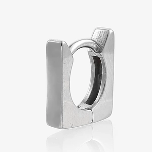 Polished silver square huggie earring with a flexible hinge and minimalist metal design