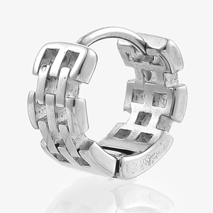Detail of stainless steel hoop earring with vintage woven chain texture and polished finish