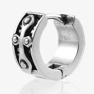 Vintage stainless steel huggie hoop earrings with gothic cross relief and retro black finish