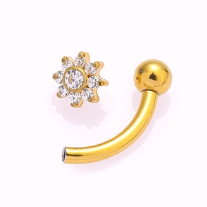 Curved barbell piercing jewelry with golden flower design and clear zircon stones