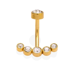 Detailed view of 316L stainless steel navel ring with gold plating and cubic zirconia flowers