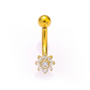 Detailed macro view of gold-plated eyebrow ring with zircon flower and curved bar