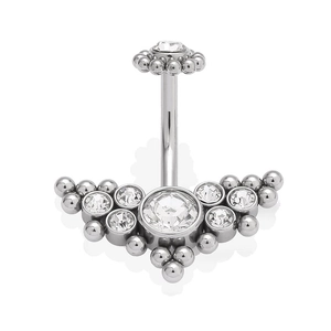 Close-up of 316L stainless steel navel ring with zircon flower cluster and curved barbell