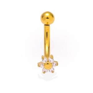 Detailed view of a gold-plated flower eyebrow ring with clear zircon petal inlays