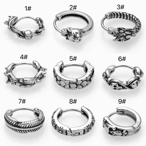 Gothic punk skull and dragon engraved stainless steel hoop earrings in vintage silver finish