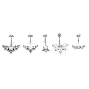 5-piece set of 316L stainless steel navel rings with clear zircon flower designs